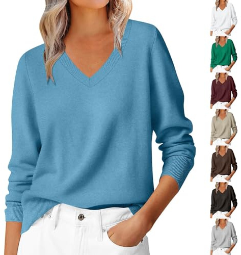 Cashmere Jumpers for Women V Neck Sweater Ladies Casual Lightweight Plain Pullover Long Sleeve Tops Dressy Fine Knit Jumpers for Women Fall Winter Tunic Blouse T-Shirt for Work Office