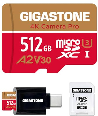 [Récupération de données Pendant 5 Ans] Gigastone microSD 512 Go A2 V30 UHS-I U3 C10, Jusqu’à 150/120 Mo/s, 4K UHD, Smartphone/GoPro, Adaptateur et Lecteur USB-C