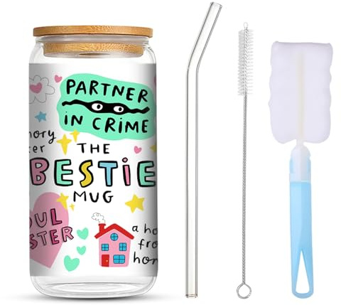 Qubitly Clear Glass Cup, Unique Glass Cups with Bamboo Lids and Straws, Iced Coffee Cup for Best Friend Gift, Special Birthday Gifts for Women, Funny Friendship Gifts for Women Bestie Sister
