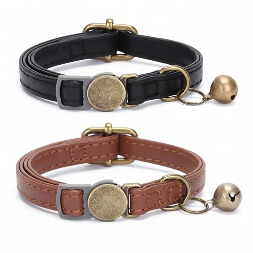 VVQWCY 2 Stück Katzenhalsband Leder mit Glocke, Weiches Halsband Katze mit Sicherheitsverschluss, Halsbänder für Katzen Kitten Welpen