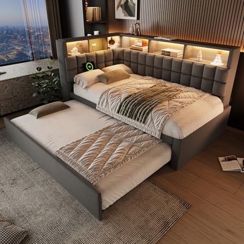 Oxtao Polsterbett 90x200cm, Daybett mit Ausziehbett, Schlafsofa Mit LED und USB & Type-C Ladeanschluss, Bluetooth-Lautsprecher, L-Kopfteil mit Stauraumregal, Leinen, ohne Matratze (Grau, 90x200CM)