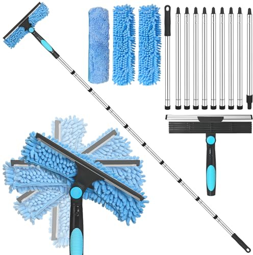 Window Cleaning Equipment, 400cm Silicone Squeegee & 3 Microfiber Mops, 2in1 Window Cleaning Kit for High Window, Blue Long Reach Telescopic Window Cleaner Tool Extendable Window Cleaning Pole