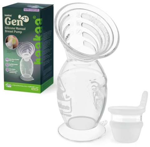 haakaa Gen.2 Plus Manual Breast Pump, 5oz/150ml with Spill-Guard Insert Set | Gentler pumping, helps reduce spills, ultra-soft silicone ComfortCARE flange, stable base, quiet & cord-free, BPA-free