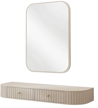 Mirjan24 Schminktisch Sepiroz 2S, Kosmetiktisch mit 2 Schubladen, Griffe aus Metal, gedämpftem Schließsystem, Make-up Tisch, Frisiertisch, Hängeschrank (Sandbeige, mit Spiegel)