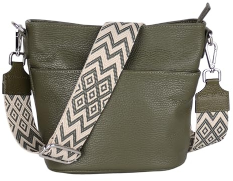 MIRROSI Damen Umhängetasche, Crossbody Bag, Echtleder I Made in Italy (1 Tasche 1 oder 2 Gurt(e)), 24x18x12cm (BXHXT) Mittelgroß (Upgrade Version (mit 2 Gurte): Khakigrün Boho)