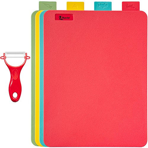 Kitchen Chopping Boards by Resort Chef - Set of 4 w/Index Food Icons -LFGB Compliant Reversible & Eco Friendly. Best for Food Safety Has Microban Protection. Includes Bonus Ceramic Peeler (Large)