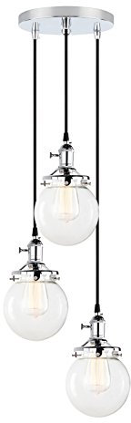 PathsOn Industrial Modern Vintage Loft Bar Edison Ceiling Pendant Lights Fitting Switched Chandelier Glass Globe 3 Lights Hanging Light Fixture for Island Living Room Dining Room Bedroom (Chrome)