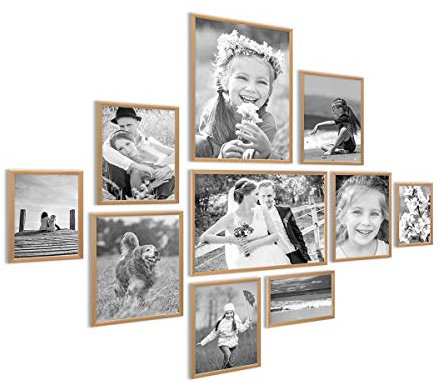 PHOTOLINI Alu-Bilderrahmen-Set Gold schmal, 10er Set Metall-Rahmen aus Aluminium, bruchsicheres Acrylglas, zum Aufhängen & Aufstellen, extra Zubehör, modernes Design für Poster & Fotos