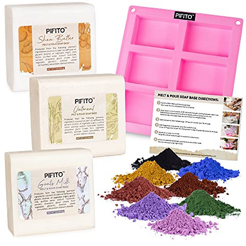 Pifito DIY Hand Soap Making Supplies Kit - Set enthält Premium Melt und Pour Soap Base (Goats Milk, Shea Butter, Oatmeal), Farbstoffe (blau, gelb, rot), Soap Mold