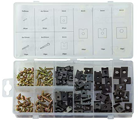 DEMA Schrauben Sortiment 170 tlg. – Schrauben, Schnappmuttern, Befestigungsklammern, Verkleidungsmuttern – 3x8, 4x16, 5x12, 6x12 mm, U-Typ Federmutter, Restauration