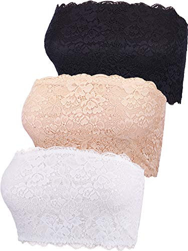 Boao 3 Stück trägerlose Damen-BHS mit floraler Spitze, Schlauch-Top, Bandeau, nahtlos, dehnbar, Brustwickel, Schwarz, Weiß, Beige, Large