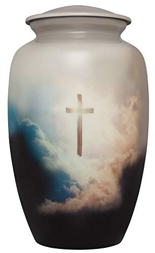 Urne für Beerdigung, mit Kreuz im Himmel, für menschliche Asche, handgefertigt aus Aluminium, geeignet für Friedhofsbeerdigung oder Nische, große Größe für Erwachsene bis zu 90 kg