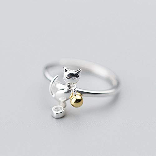 PRAK Damen Ring 925 Sterling Silber Verstellbar, Katze Tier Mit Bell Finger Ringe Für Frauen Schmuck Geschenk Geburtstagsgeschenk Student Style Bankett Wesentliche Kleidung Passende Geschenk
