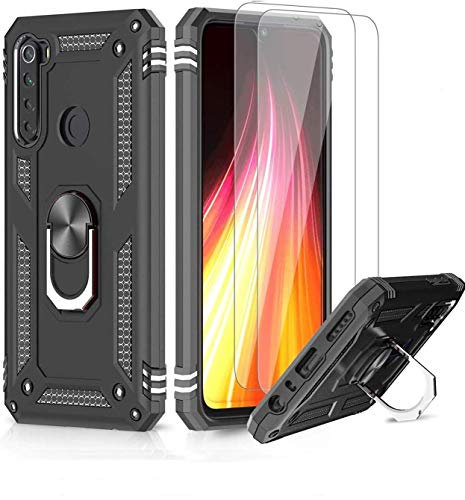 LeYi Coque pour Xiaomi Redmi Note 8/Note 8 2021 avec 2 Verre trempé, Anneau Support Grade Militaire Anti-Chute Renforcée Défense Bumper Antichoc Silicone PC Rigide Armure Protection Etui Nior