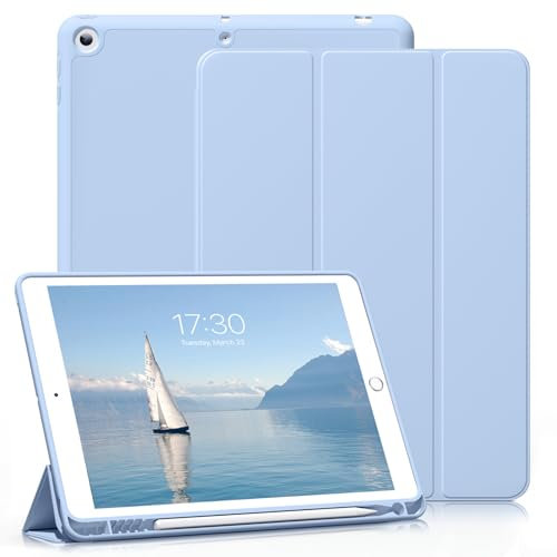 ZOYU Hülle für iPad 6. Generation/iPad 5. Generation 9,7 Zoll 2018/2017 mit Stifthalter, Weiche TPU Rückseite, Leichte Stoßfeste Intelligent Hülle, Auto Wachen/Schlafen, Hellblau