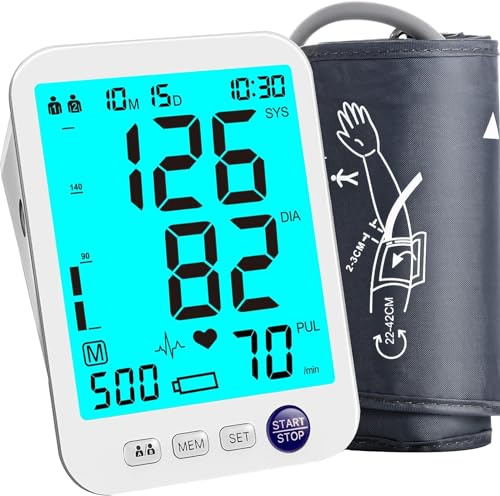 Blood Pressure Monitor Upper Arm Large LED Backlit Screen 1000 Sets Memory Automatic Digital BP Machine Adjustable BP Cuff 4 Batteries