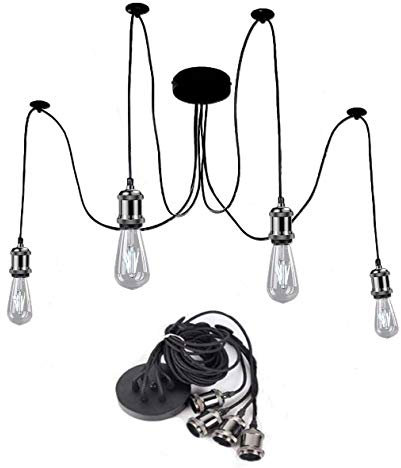 Lampadario a sospensione stile retrò industriale con 4 luci Edison regolabili, ragno al soffitto, luci da soffitto E27, corda da appendere per soggiorno, ristorante, caffè (nero perla)