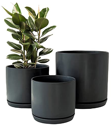 Olly & Rose Juego de 3 macetas de cerámica Negra Mate con platillos para Interiores y Exteriores, macetas Redondas (Negro Mate)