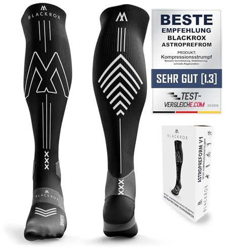 BLACKROX Kompressionsstrümpfe [Vergleichssieger 2024] Gr. S-XL | Für Damen & Herren | Laufstrümpfe | Perfekt für Sport, Radfahren, Joggen & Wandern | ASTROPERFORM | Schwarz Gr. S-M