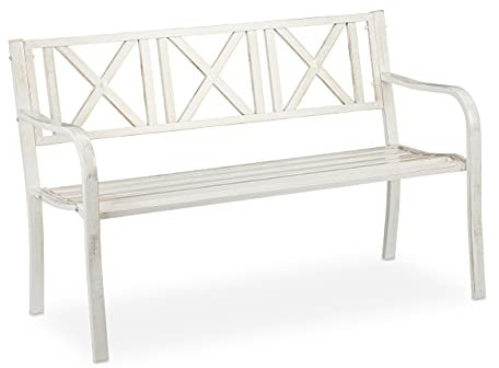 Relaxdays Gartenbank, 2 Sitzer, Terrasse, Balkon, Stahl, stabile Garten Sitzbank, HxBxT: 80,5 x 127 x 63 cm, weiß-bronze