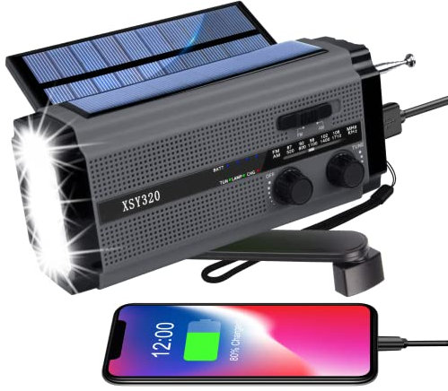 YIKANWEN Radio Solar Portátil, Radio Am/FM con Manivela y Batería Recargable 5000mAh, Linterna LED, Luz de Lectura y Alarma SOS para Camping y Exteriores