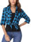 Irevial Damen Karierte Bluse Karo Flanell Hemden Classic Button-down Blusenshirt Langarm Plaid Shirt Oberteile für Frühling und Herbst Blau L