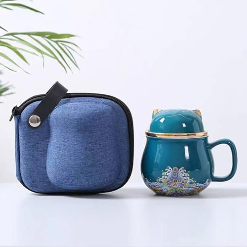Somush Portable Ceramic Tea Cup Set, Lucky Cat Ceramic Teapot Set With Handle, Tea Strainer, Lid And 1 Shockproof Storage Box For Travel, Outdoor And Office. (green)