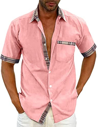 Onsoyours Chemise Homme Manches Courtes Business Regular Fit Carreaux Imprimé Plage DéContracté Poche-Avant Tops Blouse Rose M