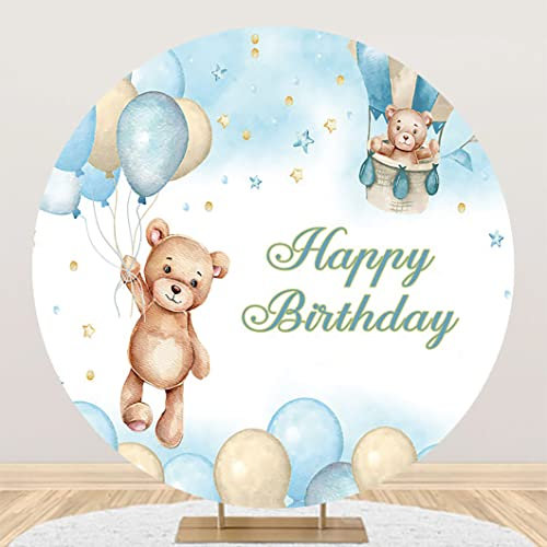 Renaiss 2m Bärenthema Happy Birthday Runder Kulisse Blauer Ballon Bär Polyester Fotohintergrund Kindergeburtstag Party Dekoration Kuchen Tisch Banner Fotostudio Requisiten
