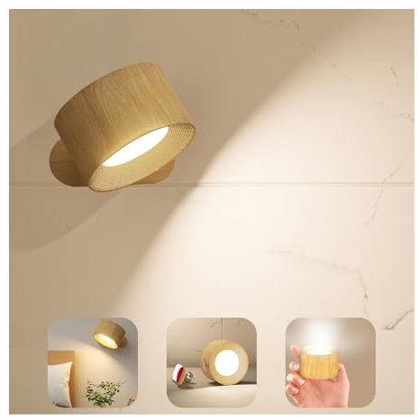 Lampada da parete a LED, Applique da parete Controllo touch 3 temperature colore, 3 luminosità Batteria ricaricabile Faretti da parete Ruotare di 360° magnetica Lampada 1 Pack (venatura del legno)