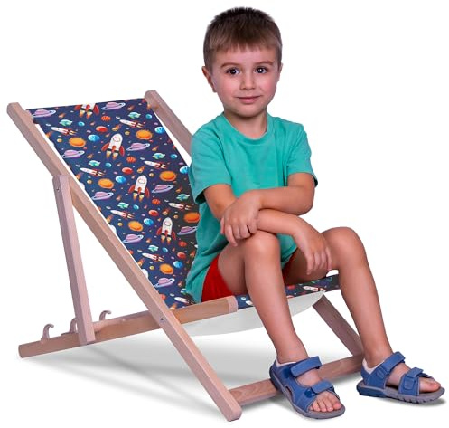 DreamRoots Kinder Liegestuhl Holz Gr. S, Cosmos | Klappbarer Campingstuhl faltbar, für Garten & Strand, bis 130 kg, waschbarer Bezug, 100% Polyester, UV-beständig, Kinderliege