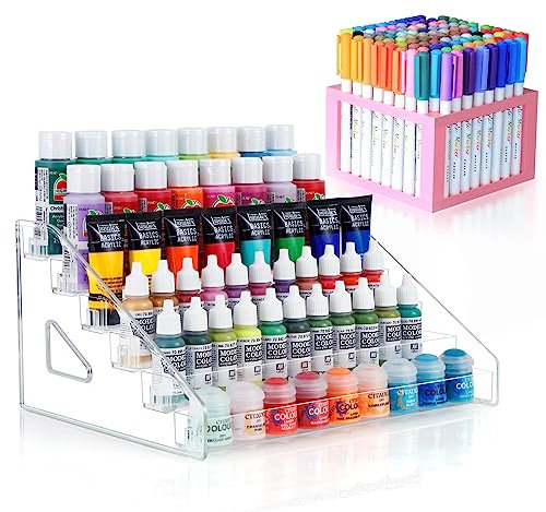 ARFETIGO Organizador de pintura acrílica de 6 capas y soporte para pinceles de pintura, diseño a presión, fácil montaje, estante protector de pintura para manualidades acrílicas, pasatiempos(rosa)
