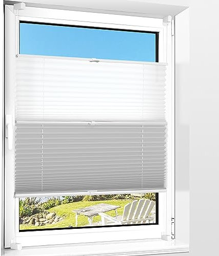 BOBODECO Day-Night Plissee ohne Bohren Verdunkelung mit Klemmfix, Weiß-Grau 40x100cm (BxH) Thermo Plissee 100% Verdunkelnd & lichtundurchlässig