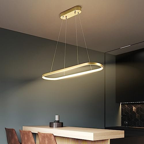 Bellastein Pendelleuchte Oval Esstisch Büro Lampen, LED Hängeleuchte Dimmbar Deckenleuchte mit Fernbedienung, Modern Ring Design Kronleuchter für Esszimmer Küchenlampe Blendfrei (Gold, L70cm)