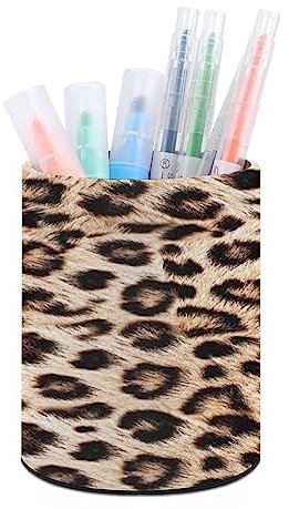 Quteprint Pot à crayons rond pour bureau, imprimé léopard, pot à crayons de bureau, organisateur de maquillage, boîte de rangement pour la maison, le bureau, les enseignants, cuir
