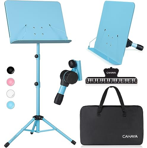 CAHAYA Sheet Music Stand Metal Portable with Carrying Bag, Sheet Music Clip, Projector Stand, Portable Podium Stand, Laptop Stand Blue, CY0194-3