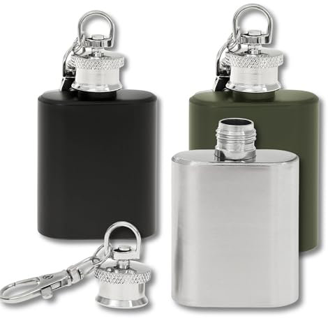 Mini Flachmann Schlüsselanhänger • Schwarz Silber Grün • Edelstahl Flachmann Klein 1oz (30ml) • Lustige Geschenke für Männer • Geschenk Männer • Adventskalender Männer • Mini Geschenke (Mix 3er Set)