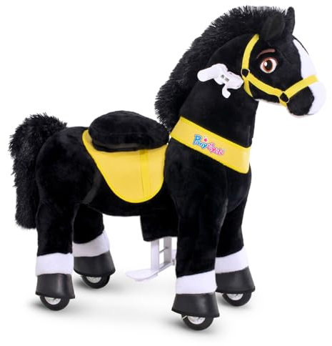 PonyCycle Reitpferd auf Rollen, für Kinder 3–4 Jahre, 76cm Hoch, Spielpferd zum Reiten mit Handbremse, Reittier auf Rollen, Schwarzes Reitpony mit Rollen, Basis Modell E - E338