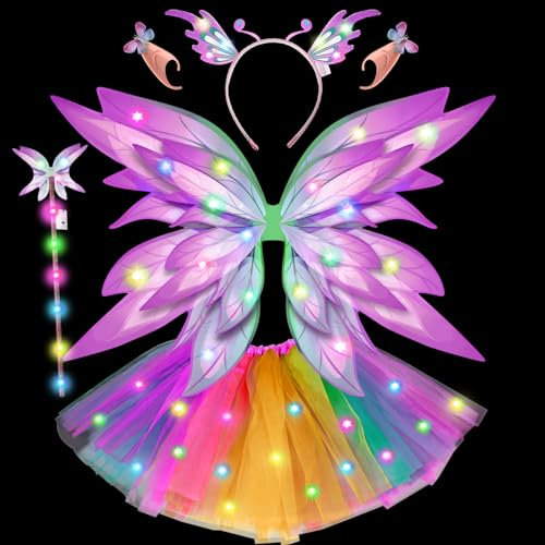 Tacobear Lumineux Ailes de Fée Déguisement Enfant Fille avec LED Tutu Jupe Tulle Serre-tête Baguette Oreilles Elfe Ailes Papillon Costume pour Carnaval Halloween (Coloré)