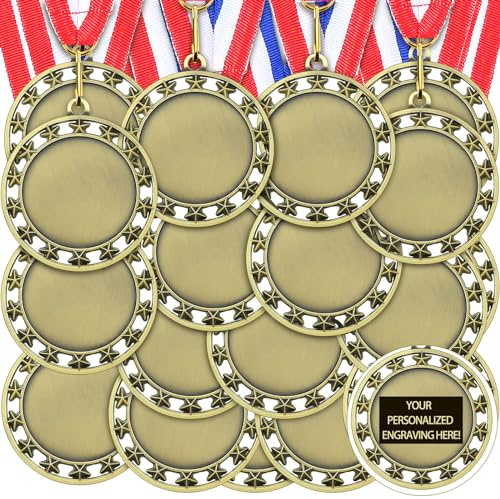 Junkin 24 Stück Blanko-Auszeichnungsmedaillen mit Halsbändern, Gewinnerteilnahme-Medaille, Auszeichnungen, zum Selbermachen, 1. Platz, Prost, Teilnahme-Trophäe, Metall-Preisgeschenk (Gold, stilvoll)