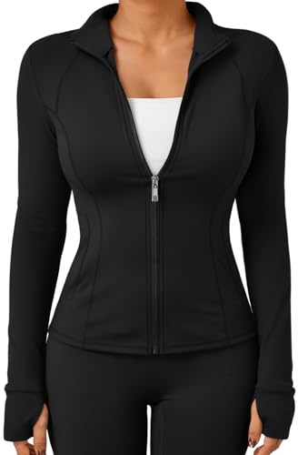 Trendy Queen Leichte Damen-Jacke mit Reißverschluss 2026, athletisches Workout-Kapuzenpullover, Herbst-Shirt, enganliegend, mit Tasche, Schwarz, XS