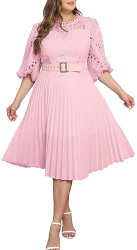 IWFEV Plus Size Puff Sleeve Lace Midi Dress - Short Sleeve, Hollow Party Evening Dress in Pink, 3XL