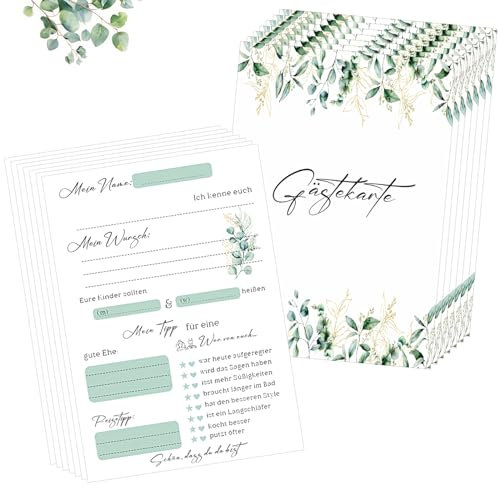 Tenare 100 Hochzeit Gästekarten zum Ausfüllen Hochzeit Gästebuch Karten mit Eukalyptus Motiv Gästekarten mit Fragen Hochzeitsspiel Karten für Silberhochzeit Goldhochzeit Jahrestag