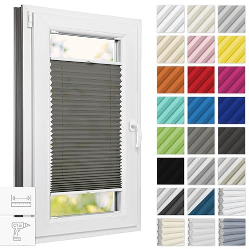 Estika Plissee mit Bohren 90 cm x 100 cm - Dunkelgrau - Rollos für Fenster, Jalousien Fenster für innen, Raffrollo, Fenster plissee