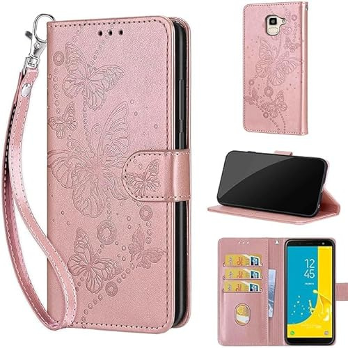 Cover per Samsung Galaxy J6 (2018), Farfalla Oro Rosa | Antiurto Custodia, Funzione Stand, Chiusura Magnetica, Slot per Schede, Pelle PU Flip Portafoglio