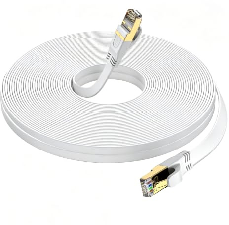 YSONG Cable Ethernet Cat 8 20m Plano, Conector RJ45 Chapado en Oro, Alta Velocidad 40 Gbit/s 2000 MHz, para Router/PC/Juegos/Módem, Más Rápido que Cat7/Cat6/Cat5 (Blanco)