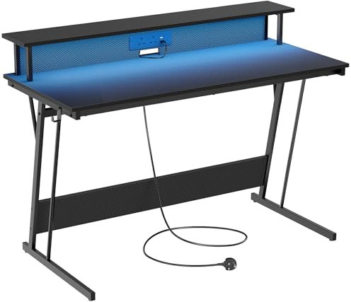 VASAGLE Gaming Desk with LED Lights and Built-In Power Outlets, Computer Desk with Monitor Shelf, Gaming Table for 2 Monitors, Office Desk, for Bedroom, 55 x 135 x 76 cm Carbon Black LWD118B02