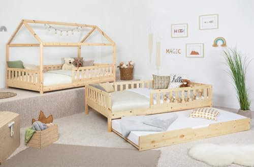 TiCAA 2 in 1 Bodenbett wandelbar mit abnehmbaren Dach Duo 90x200, 100x200 cm, 120x200 cm, 140x200 Weiß für Jungen & Mädchen mit Zusatzbett, Rausfallschutz & Rolllattenrost – aus Kiefer Massivholz