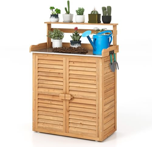 GOPLUS Pflanztisch mit Unterschrank, Gartentisch mit verzinkter Arbeitsplatte & abnehmbarem Regal, Gärtnertisch mit Stauraum, Gartenschrank für Garten Balkon Terrasse, 87 x 45 x 120 cm