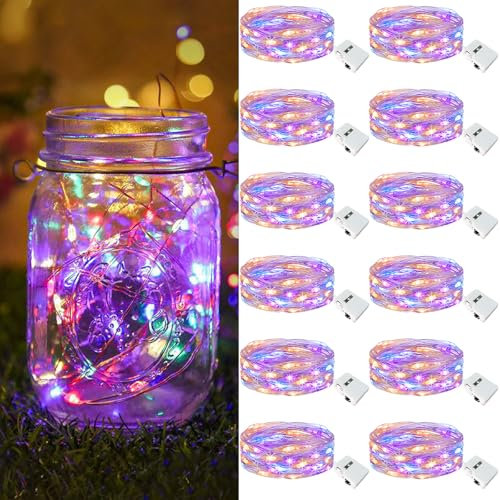 btfarm Lot de 12 Mini Guirlande LED à Pile, 2M 20LED 3 Modes Pile, IP65 Étanche Petite Guirlande Lumineuse Led Interieur Décoration pour Jardin, Chambre, Mariage, Fête, Noël, multi-colore